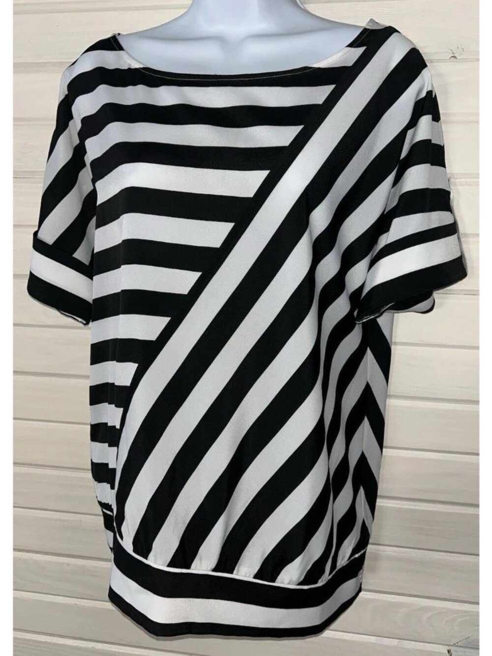WHBM Sz SMALL Black White Mixed Stripe Top Dolman Sleeve Boat Neck EUC - Picture 3 of 12